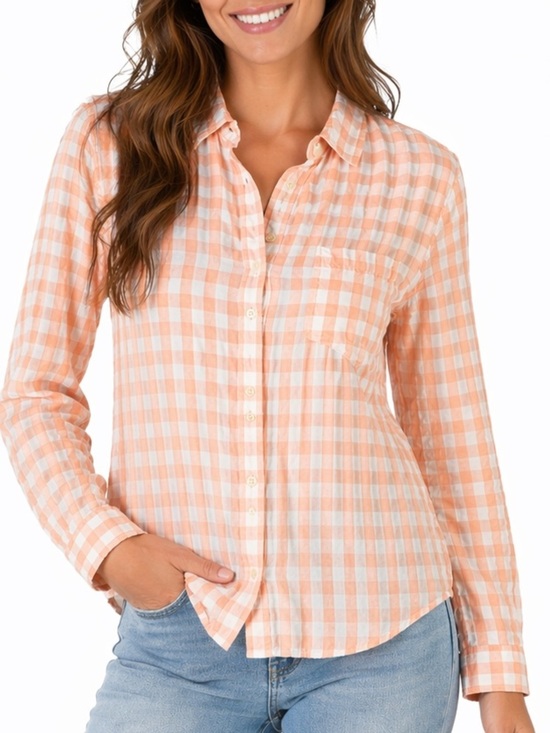 J. Crew Tops - J.Crew Gingham Day to Night Button Up Peach White Preppy Classic Size S